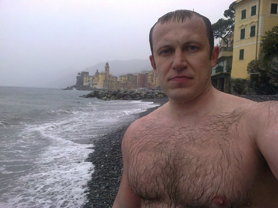 Wet and topless, in Recco, Italy.